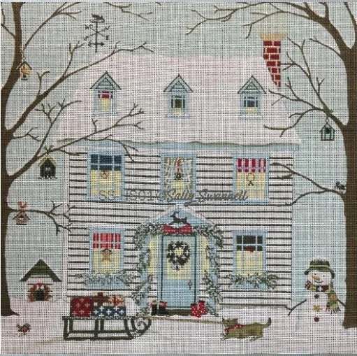 A painting of a house with snow on the ground.