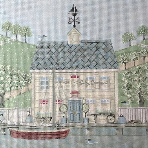 A painting of a house with a boat in the water.