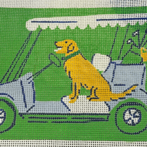 A dog in the back of a green car.