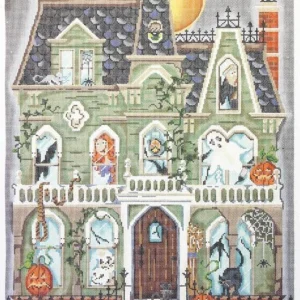 A painting of a house with many windows and doors.