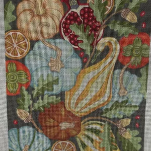 A close up of a painting with fruits and vegetables