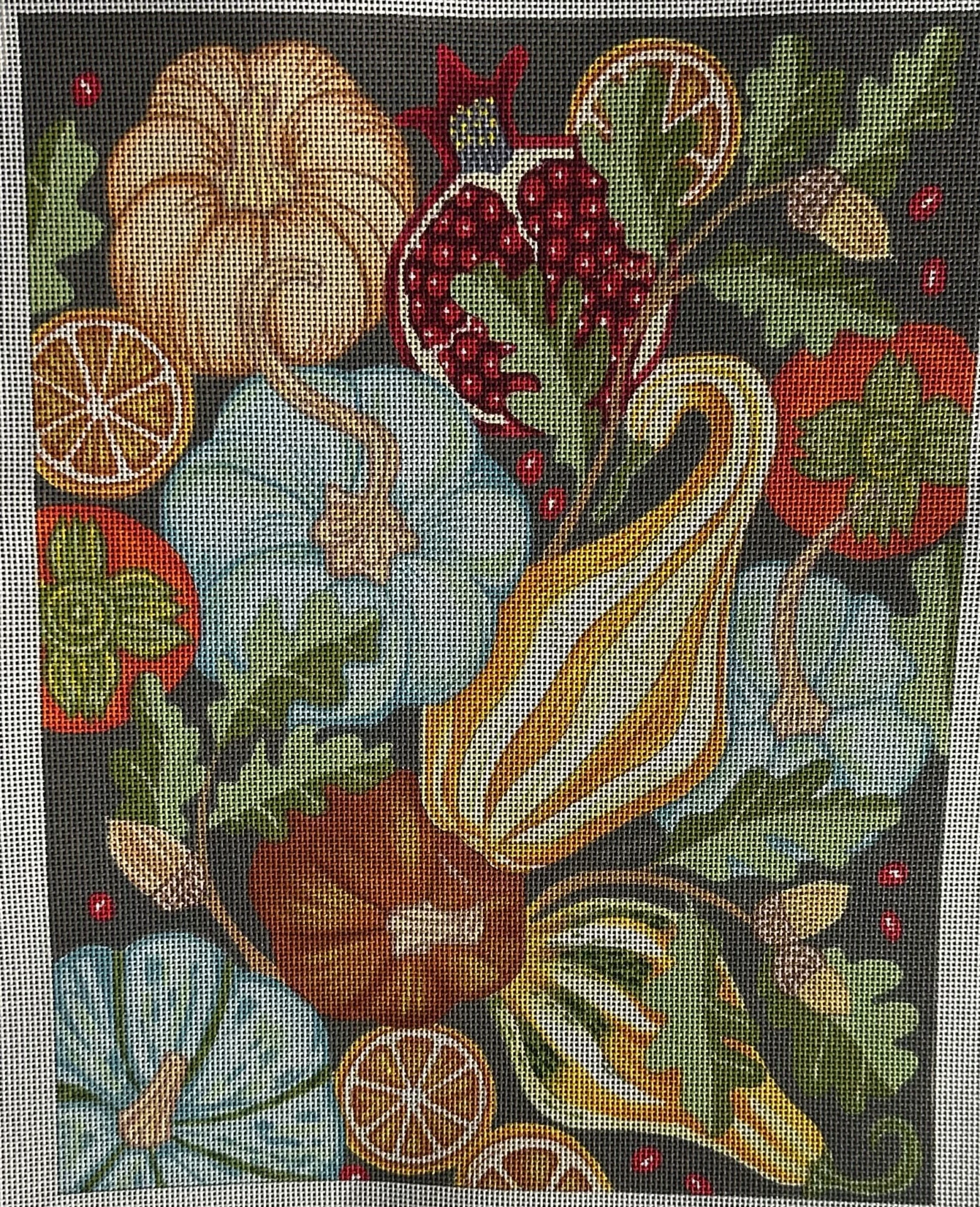 A close up of a painting with fruits and vegetables