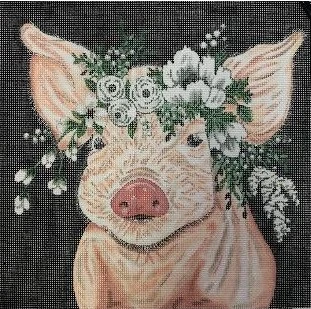 A painting of a pig with flowers on it's head.