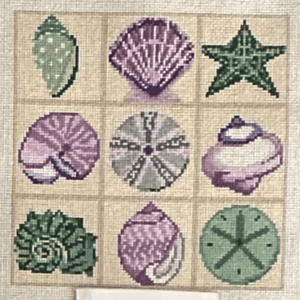 A group of nine seashells are arranged in squares.