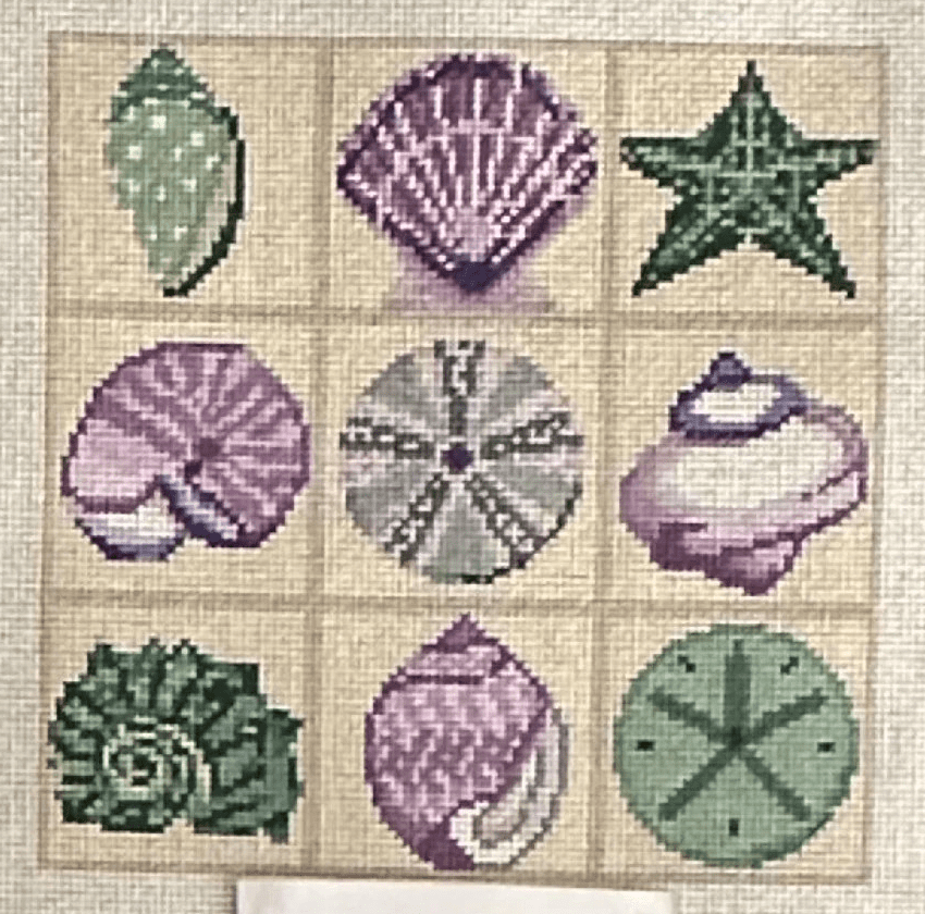 A group of nine seashells are arranged in squares.