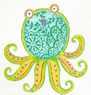 A green and yellow octopus with patterns on it's body.