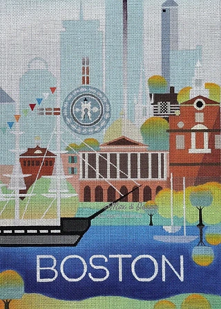 A painting of boston harbor with the city skyline in the background.