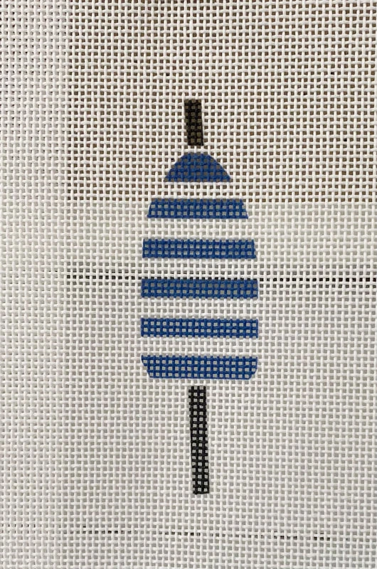 A blue and white striped buoy on a canvas.