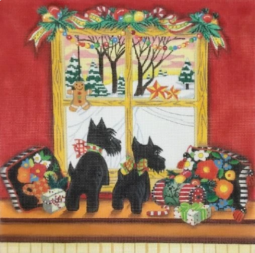 A painting of two black dogs sitting on a window sill.