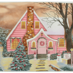 A pink house with a christmas tree in the front yard.