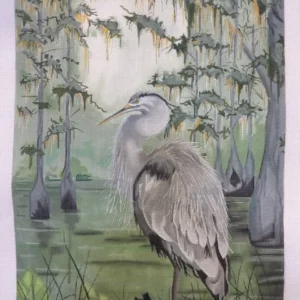 A painting of an egret in the swamp