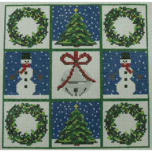 A square of christmas themed fabric with snowmen and trees.