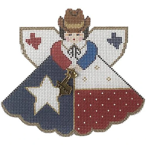 A cross stitch pattern of an angel with a cowboy hat on.