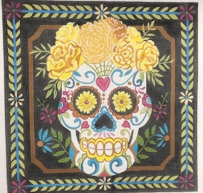 A picture of a skull with flowers on it.