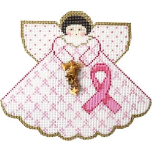 A pink ribbon angel holding a gold key.