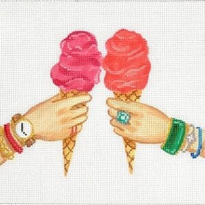 Two hands holding pink ice cream cones