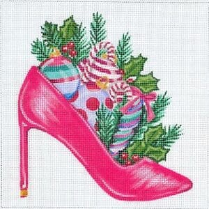 Pink stiletto filled with Christmas ornaments