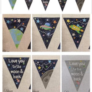 Space-themed pennant banners with moon and rockets