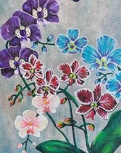 Colorful painted orchids on textured canvas