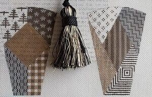 Geometric fabric swatches with tassel