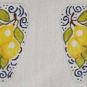 Cross-stitched twin yellow pears with leaves