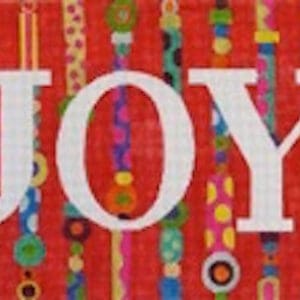 White JOY text on vertical multicolor striped background