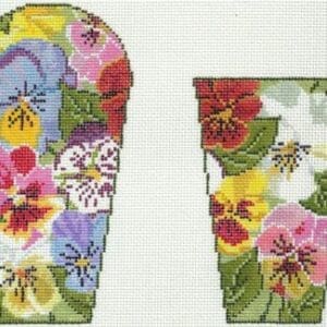 Two cross-stitch pansy floral panels