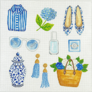 Watercolor blue accessories and floral motifs