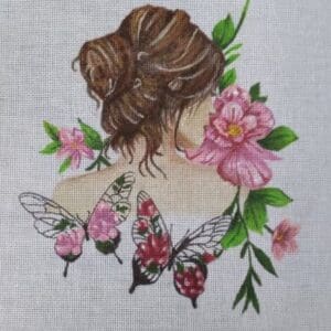 Woman with floral butterflies and pink flowers
