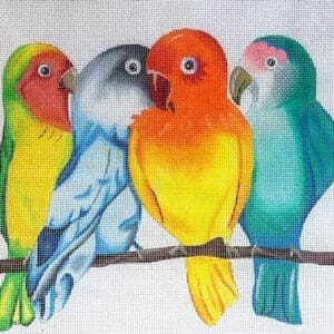Four colorful parrots perched on a branch
