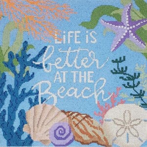 Beach-themed cross-stitch with shells and text