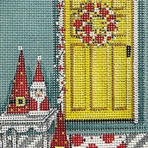 Cross-stitch yellow door with wreath and gnomes