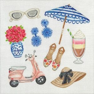 Summer collage of umbrella, hat, scooter, sandals