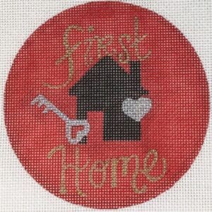 Red circular "First Home" cross-stitch design