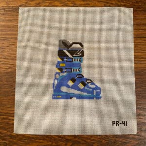 Blue ski boot needlepoint on mesh canvas