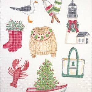 Cross-stitch coastal holiday motif sampler