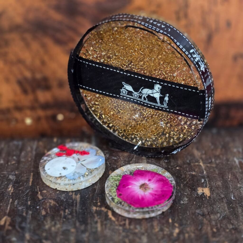 Round resin coasters with gold beads and flowers