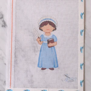 Cross-stitch canvas of girl in blue dress