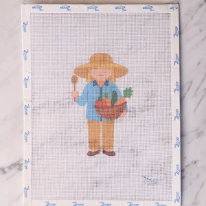 Cross-stitch canvas gardener with vegetable basket