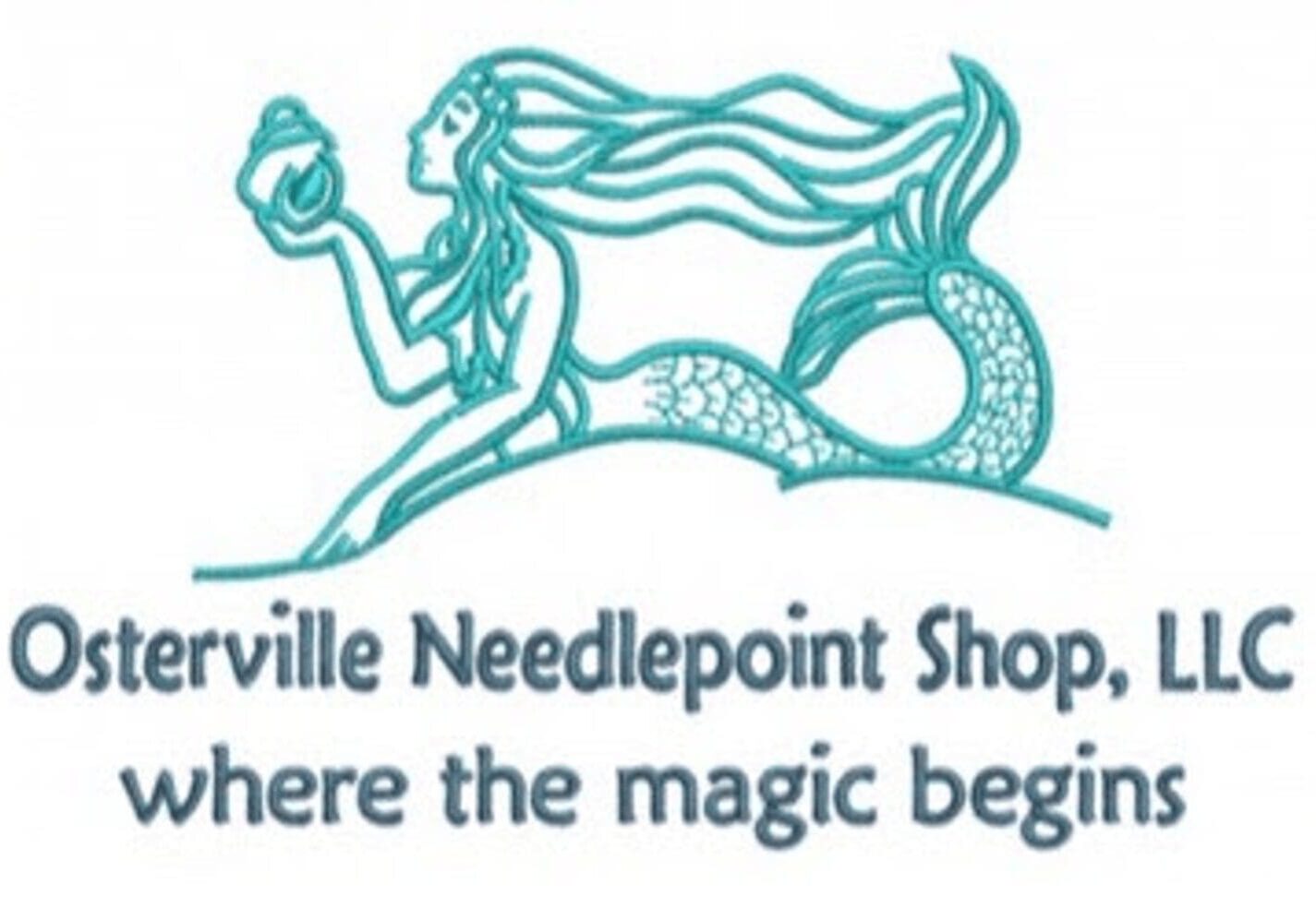 A blue and white logo of the needle shop.